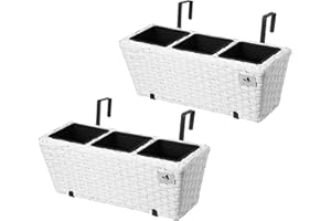GARTENFREUDE Jardinera para balcón de polyrattan Incluye suspensión y 3 Insertos plásticos, Blanco, 2 Piezas, 47 x 17 x 15 cm