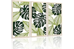 KAIRNE Green Leaves Wall Art Wooden,Palm Leaves Art Prints (16”x32”,Framed) Tropical Plants Wall Decor for Living Room,Botanical Leaves Wall Sculptures,3D Minimalist Nature Art Painting for Bedroom
