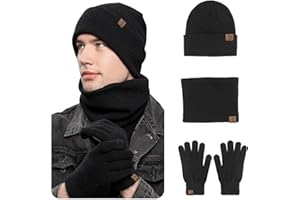 MARUKO Mütze Schal Handschuhe Set Herren Winter Warm Beanie Mütze Schal und Touchscreen Handschuhe Set mit Fleece Gefüttert Strickmütze Winterhandschuhe Schlauchschal Set (Schwarz)