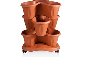 MamboCat Geranio Säulentopf Etagen Pflanzturm I stapelbare Pflanztöpfe auf Untersetzer mit Rollen I vertikaler Garten Outdoor I Kräutergarten für die Küche I Blumenständer Terrakotta