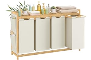 SONGMICS Wäschekorb 4 Fächer, Bambus, Wäschesammler 200 L, Wäschesortierer, mit Ablage, Wäschesack, kleine seitliche Taschen, Wäscheregal, 4 x 50 L, 124,6 x 33 x 78 cm, cremeweiß RLH120W01