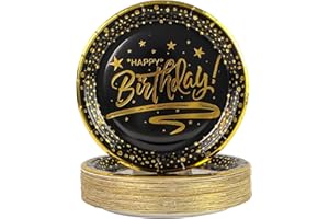 DHAIQC Piatti di Carta Nero con Bordo Dorato - 50 Pezzi Piatti Feste 18 cm per Compleanno Compleanno Bambini Stoviglie Feste