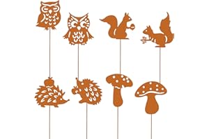 Binlava 8er Gartenstecker Herbst, Rostdeko Herbst, 25cm Herbstdeko mit Igel Eule Pilze,Beidseitig, Rost Gartenstecker aus stabilem Eisen in Rost, Eichhörnchen Deko für Garten, Balkon & Terrasse