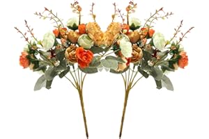 Realjoy 21 Heads Diamond Small Rose Artificial Flowers Artificial Rose Flower Bouquets for Home Wedding Party Decoration 2Pcs (Autumn Diamond Orange)