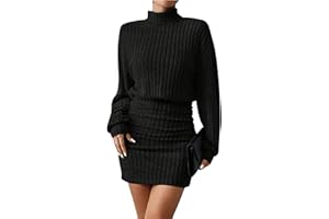 TrendiMax Women's Long Sleeve Jumper Dress Mock Turtel Neck Ribbed Knit Bodycon Mini Short Sweater Dress