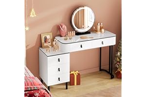 WOLTU Schminktisch mit Beleuchtung, 3 einstellbare Helligkeiten, für Schlafzimmer, Frisiertisch mit Spiegel, 1 Seitenschrank 5 Schubladen, modern, Braun-Holzoptik & Weiß