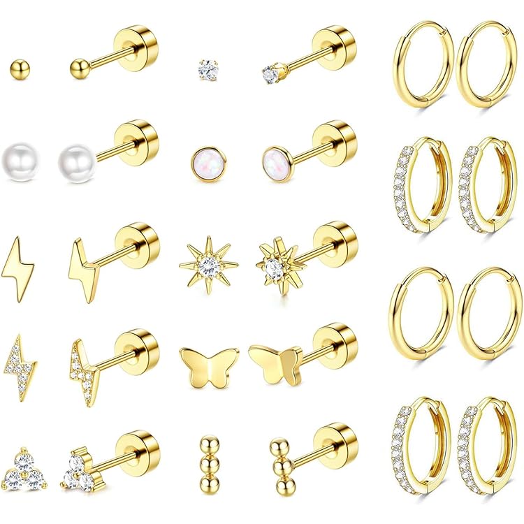 DOCHAIS 7 paar oorbellen zilver/goud set voor dames 316L chirurgisch staal creolen, oorstekers, 18 karaat vergulde oorbellen set met oormanchet fake piercing helix kraakbeen tragus conch piercings oor