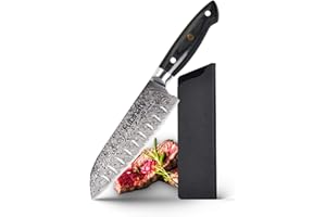Fubinaty Couteau de chef japonais de Couteau Santoku professionnel avec fourreau Couteau de cuisine en acier à haute teneur en carbone, manche en bois Pakkawood, emballage de boîte-cadeau
