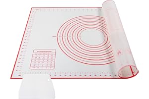 AJOXEL Tapis de Cuisson Silicone, 70×50 cm Feuille de Cuisson Reutilisable Tapis de Pâte Anti-Adhérent sans BPA avec Mesures Corne Patisserie pour Fondant/Biscuit/Pizza, Rouge