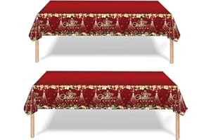 AISSZHAO 2 Pack Christmas Table Cloth, 137x274cm Rectangle Large Plastic Tablecloth Holly Santa Party Tableware Decorations, Red Xmas Tablecovers for Winter Holiday Xmas Party Dinner Table Cloths