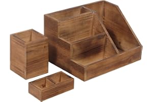 HBCY Creations Rustic 3-Piece Desk Organiser Set - Brown - For Stationery, Letters, & Mail - Storage for Home & Office Supplies with Pen Holder Cup & Holding Tray - Pine Wood