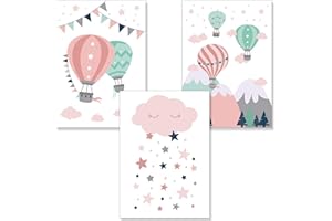 PREMYO Quadri per Camera Bambini - Set Poster Mongolfiera Nuvole Rosa - Stampe Parete Decorazione Cameretta Neonato A4