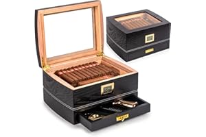 Marvero Zigarren Humidore, Humidor-Zigarren, Spanische Zeder Hölzerne Zigarrenbox,mit Humidor Befeuchter,Hygrometer,Teiler,Geschenke für Zigarren-Liebhaber(75 Zigarren),Schwarz