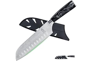 FULLHI Couteau santoku, couteau japonais de 7 pouces avec garde, couteau de cuisine en acier inoxydable pour la coupe de sushis avec étui (Résine noire)