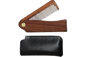 MIUNPRI Folding Wooden Beard Comb with Carrying Pouch - Natural Hair and Moustache Grooming Tool for Men and Women - Portable Travel Gift