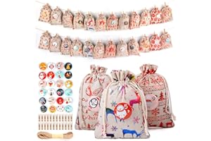 CLTPY 24 Stück Jutesäckchen Adventskalender,13x18cm Adventskalender zum Befüllen stoff mit Cartoon Digitales Pins Abzeichen,Mini-Holzklammern,10mJute Hanfseile DIY Weihnachtskalender Stoffbeutel