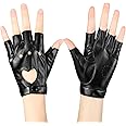 Excefore Punk Half Finger Gloves, PU Leather Performance Gloves, Women Heart Cutout Punk Half Finger Gloves, Dance Glove Performance Costume Style Glove (Black)