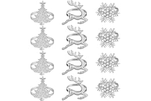 PLULON 12Pcs Christmas Napkin Rings Set - Snowflake, Deer, Tree Designs - Silver Holders for Holiday Dinner Table Decor, Winter Home Decor