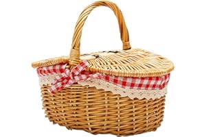 Gokelomg Wicker - Cestino da picnic in stile, coperchio e manico e fodera per picnic, feste e barbecue