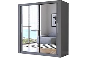 IE INTERIOR EMPORIUM Milan Full Mirror Double Sliding Door Wardrobe (or three in the 250cm size) With Shelves, Hanging Rails and LED Light in 6 Sizes & 4 Colors (203cm, Grey)
