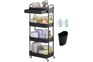 Wuciray Beauty Trolley on Wheels 4 Tier Storage Trolley with Drawer Plastic Beauty Trolleys Rolling Utility Cart Craft Trolleys on Wheels for Home Kitchen Bathroom Laundry Office Black