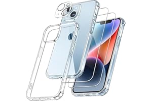 FLLAO 4 en 1 Coque pour iPhone 14 avec 2 Verre Tremp&#xE9; et 1 Cam&#xE9;ra Protecteur, [Coussin d&apos;air Int&#xE9;gr&#xE9;] Antichoc Antirayures Bumper Protection Housse pour iPhone 14 6.1&quot;, Transparent