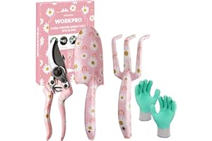 WORKPRO Ensemble d'Outils de Jardinage 4 Pièces, Outils en Acier Inoxydable avec Gants, Sécateur, Truelle de Jardin, Râteau à Main, Idéal pour Taille et Entretien, Cadeaux de Jardinage, Rose Imprimé