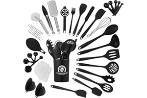 LCXCXY Ustensiles de Cuisine Silicone,43 Pcs Ensemble Ustensile de Cuisine,Résistants à la Chaleur Ustensiles Cuisine,Lot Ustensile Cuisine Avec Porte-Ustensiles,Set Ustensile Cuisine Lavable en machine-Noir