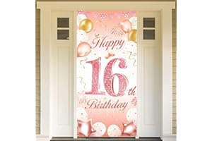 DPKOW Rose Gold 16th Birthday Party Decoration for Girl, Rose Gold 16th Birthday Banner for Backdrop Door Decoration,16th Birthday Background Banner for Garden Table Wall Decoration, 185 x 90cm Fabric