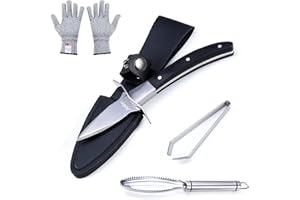 Jeslon Oyster Knife Set, Oyster Shucking Knives-Fish Scaler Remover-Slant Fish Bone Tweezers and Level 5 Protection Gloves, Seafood Open Tools
