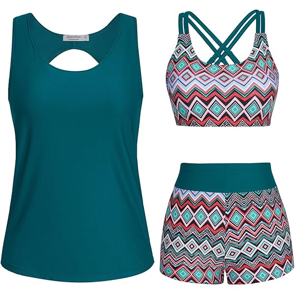 Tankini Damen Set 3-tlg - Badeanzug Mit Bauchweg Push-Up Oberteil Hohe Shorts
