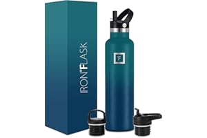 IRON °FLASK Insulated Water Bottle with Straw Lid Narrow - 710ml (3 Lids) - Cold 24hrs & Hot 12hrs Drinks - Double-Walled Stainless Steel Metal Leakproof Travel Sports Gym Camping & Hiking Hydration Flask