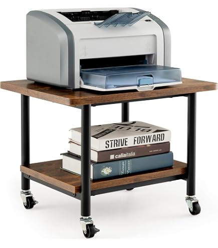 DREAMADE Carrello Stampante A 2 Ripiani Con 4 Rotelle, Sotto Scrivania Multiuso, Vintage, Portata 45kg, Nero