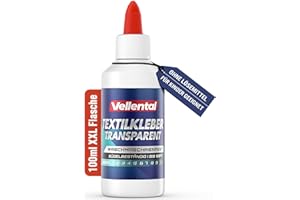 VELLENTAL Textilkleber waschmaschinenfest 100ml transparent - Stoffkleber für Textilien Stoffe wie: Jeans, Polyester - Bastelkleber wasserfest ohne Rückstände, geruchlos ohne Lösungsmittel