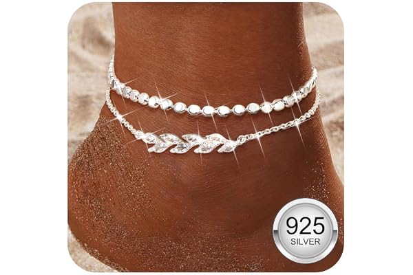 YADOCA Vristlänk för kvinnor, 925 sterling silver kvinnor vristlänk justerbar flerskikts vattentät fotlänkar i silver för kvinnor flickor
