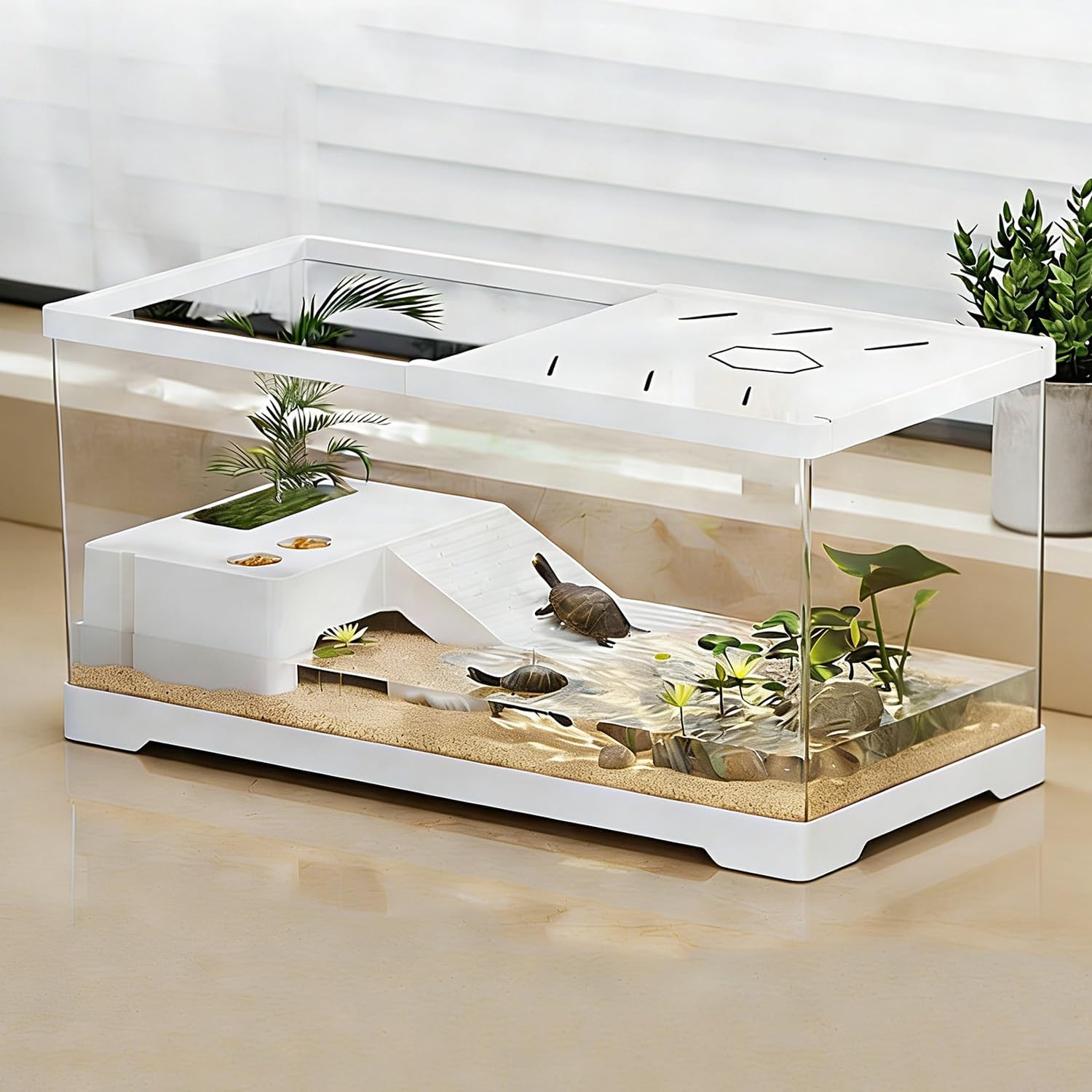 Tanque de peces de tortuga con plataforma y drenaje inferior, 11.8 x 7 x 7.3 pulgadas, tanque de tortuga acuática para tortugas juveniles, cangrejos, anfibios, reptiles, color blanco