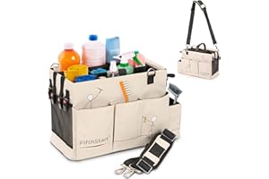 FifthStart Multipurpose Cleaning Caddy with Handle, Waist & Shoulder Strap - Nappy Caddy - 9 Pockets & Easily Cleaned - Sturdy & Portable Storage Box with Adjustable Compartments (Beige, Small)