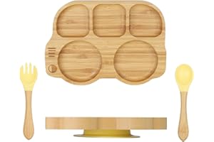 wooshwa Assiette Bébé Ventouse Antidérapante avec Cuillère et fourchette pour Bébé, Set de Vaisselle en Bambou de Haute Qualité (Jaune)
