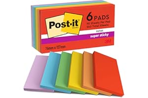 Post-It Super Sticky Notas Playful Color Collection Paquete de 6 Blocs de Notas, 90 Hojas por Bloc, 76x127 mm, Rojo, Naranja, Amarillo, Verde, Azul, Morado, para Listas de Tareas y Recordatorios