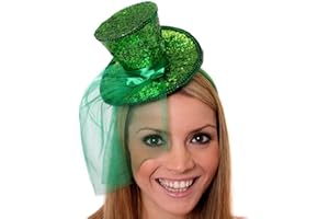 I LOVE FANCY DRESS ADULTS IRISH HAT - MINI GREEN SEQUIN TOP HAT WITH ATTACHED GREEN FASCINATOR - ST PATRICKS DAY IRELAND HAT PARTY FANCY DRESS ACCESSORY (ONE SIZE FITS MOST)
