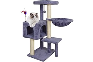 TWDEPART Cat Tree Tower with Cat Scratching Posts,Activity Centre Climbing Tree Furniture with Big Cat Condo and Hanging Balls,Grey