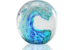 Eachave Paperweight Glass Ball, Handmade Glass Figures Ball Ocean Waves, Home Decor Collectable, Aquarium Decor, Office Decor for Ocean Lovers (Blue + Green)