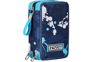 Seven Astuccio 3 Scomparti, Blu, Triplo Scomparto, Completo di Matite, Pennarelli, Colori, Accessori Zaino, Elementari, Medie, Superiori, Bambino e Ragazzo