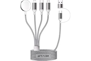 HOMAILIDA 4 en 2 Múltiple Rápido Cargador para A pple Watch, 1.8M/6FT Cable de Carga Nylon USB A/C a Puerto iOS/Tipo C/Micro USB/iWatch, Compatible para iWatch Ultra/SE/1-11/iPhone/iPad/AirPods/Galaxy/Huawei