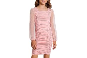 Rolanko Bodycon klänning för tonårsflickor, långärmad puffig mesh fyrkantig hals elegant rynkad miniklänning