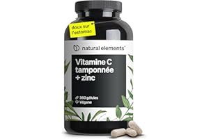 NATURAL ELEMENTS Vitamine C - 360 gélules - dose élevée de 1000 mg + 15 mg zinc - produite par fermentation de plantes & tamponnée (pH neutre, non acide, doux pour l’estomac) - testé en laboratoire et végane