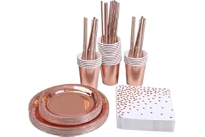 KAHEIGN 146 szt. zastawa stołowa na przyjęcie w kolorze różowego złota, jednorazowe talerze papierowe serwetki kubki słomki na wesela, rocznice, urodziny dla 24 gości