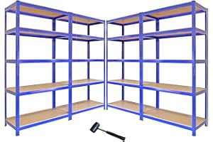 MONSTER RACKING 4 Estanterías Azules Metalicas T-Rax Sin Tornillos 90x45x180cm con 5 Estantes Almacenamiento Almacenaje Herramientas Taller Garaje Industrial Capacidad Peso 280kg por Estante con Mazo de Goma GRATIS