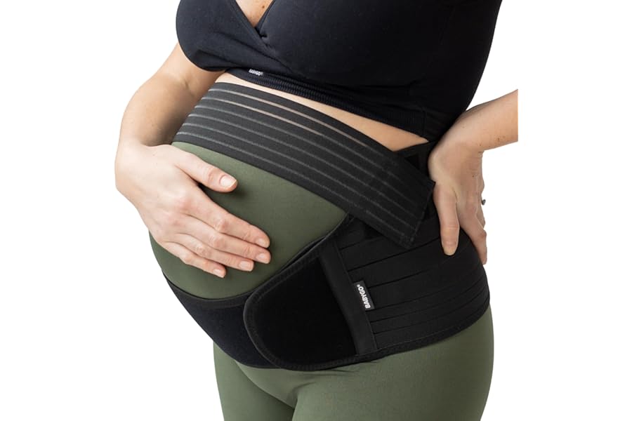 BABYGO® 4 in 1 Pregnancy Support Belt Maternity & Postpartum Band - Relieve Back, Pelvic, Hip Pain, SPD & PGP >> inc 40 Page Pregnancy Book for Birth Preparation, Labour & Recovery M Black