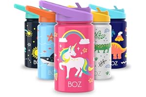 BOZ Botella Agua Niños con Pajita - Botella Agua Acero Inoxidable 414 ml, Botella Térmica Aislamiento Doble Pared Sin BPA, Botella Isotérmica Antiderrame con Asa Apta para el Lavavajillas (Unicornio)